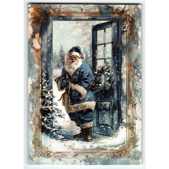 Vintage Blue Coat Dressed Santa Claus Christmas Lithograph Postcard 5.5x4" - Picture 1 of 2